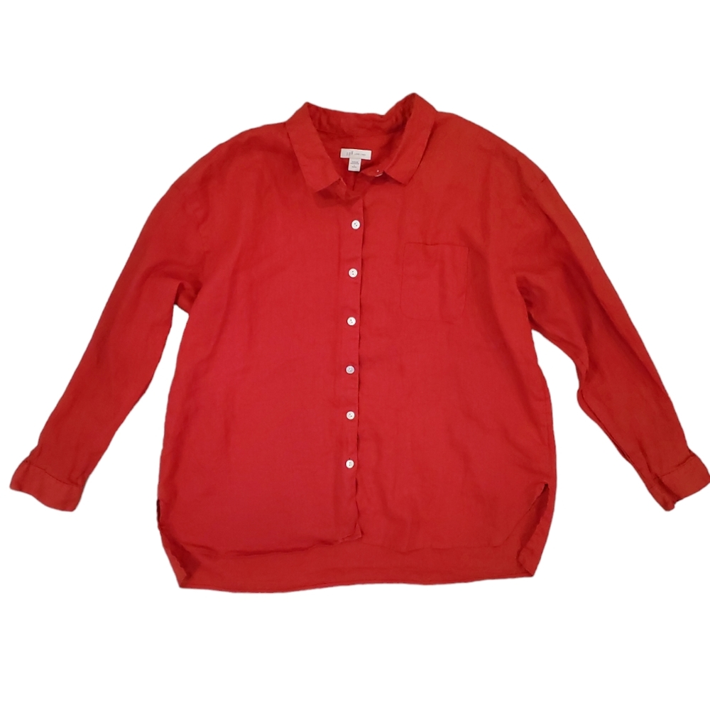 J. Jill‎ Linen Women's Red Button Down Linen Long Sleeve Blouse Petite Large
